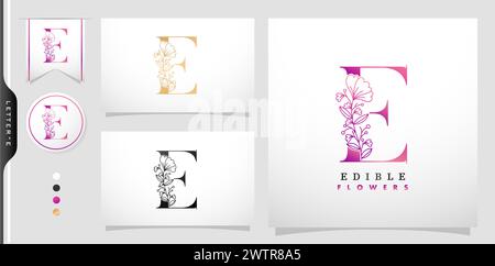 Illustration of Letter E Logotype Edible Flower symbolic with purple gradient colors isolated black and white backgrounds, applicable for productS Stock Vector
