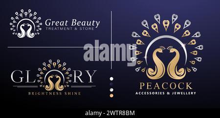 illustration of Double Peacock logotype golden colors design vector isolated background applicable for company name, jewelry sign, branding label Stock Vector