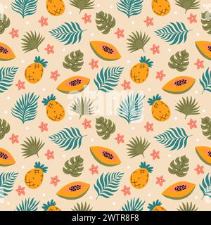 Handdrawn colourful tropical pattern with palm leaves, pineapple, papaya and flowers. Vector seamless design. Stock Vector