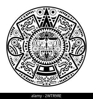 Sacred Aztec wheel calendar Mayan sun god, Maya symbols ethnic mask, black tattoo round frame border old logo icon vector illustration isolated Stock Vector