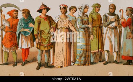 History of France, 1100. From left to right, 1-2: ploughmen, 3: nobleman, 4-5-6-7: noble ladies, 8: warrior, 9: pilgrim. Chromolithography. 'Historia Universal', by César Cantú. Volume V, 1884. Stock Photo