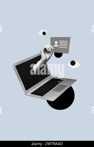Vertical creative collage poster modern technology laptop screen user information data cyber security eyes espionage spyware Stock Photo
