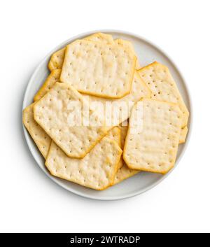 Crackers on a plate. Isolated on white background. Stock Photo