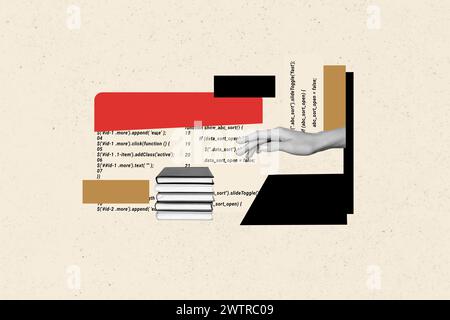 Creative trend collage of hand take education read book pile programmer coding studying billboard comics zine minimal Stock Photo