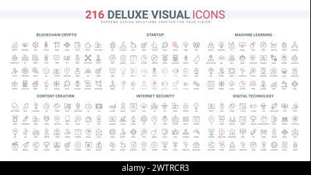 AI technology and data protection, blockchain line icons set. Connection support and security, online blogging and vlogging, smart home and robot thin black and red outline symbols vector illustration Stock Vector