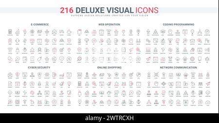 Cyber security of ecommerce, web services and mobile apps, algorithms line icons set. Augmented reality, growth and development of networks thin black and red outline symbols vector illustration Stock Vector