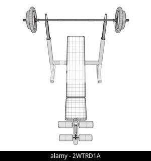 Wireframe of Gym bench and barbell on white stand isolated on white background. Vector illustration. Line art vector of Barbell Bench Press. Top view. Stock Vector