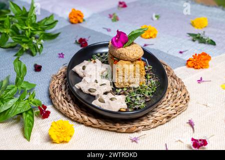 A plate of cookies and flowers on a table Stock Photo