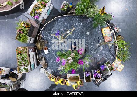 Dresden, Germany. 19th Mar, 2024. Orchid growers setting up at Messe Dresden on the fringes of a press conference for the 'Dresden Easter' trade fair (photo taken with a drone). The public fair in partnership with the German Orchid Society will take place from March 21 to 24, 2024. Credit: Sebastian Kahnert/dpa/Alamy Live News Stock Photo