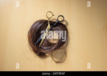 A pair of golden scissors and a black hair comb with brown hair strands on a table Stock Photo
