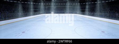 3d render of empty ice hockey rink with illuminated surroundings and spectator stands. Poster, flyer for advertising sports event, hockey match Stock Photo