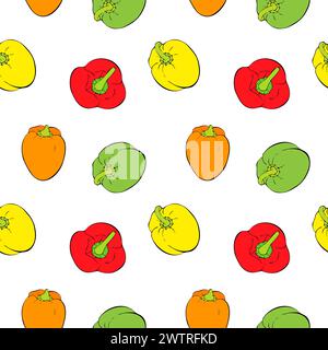 Peppers pattern on white background with red orange yellow green sweet bell peppers, hand drawn outline sketches. Vector illustration Stock Vector