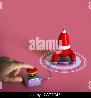 Hand pressing a launch button to launch a rocket. Concept of acceleration or boosting career. Stock Photo