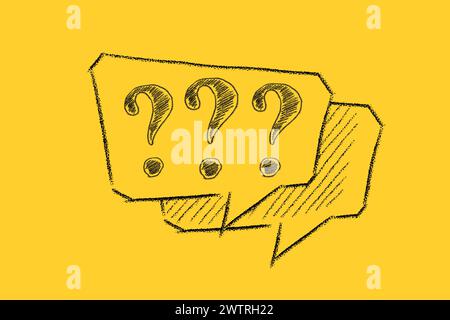 Question marks in speech bubble drawn on a yellow background. FAQ Stock Photo