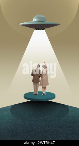 Couple looking at UFO with beam of light on circular platform, beige background. Contemporary art collage. Stock Photo