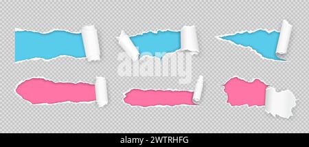 Torn paper strips and color holes vector illustration set. Mockup damaged notebook pages 3d objects on transparent background collection Stock Vector