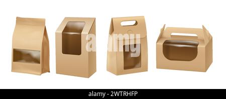Paper packages with clear windows realistic vector illustration set. Takeout food products bags 3d objects on white background collection Stock Vector