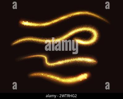 Magic golden glitter trails realistic vector illustration set. Shimmering waving light traces 3d elements on transparent background collection Stock Vector