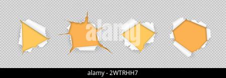 Irregular holes in torn papers over yellow realistic vector illustration set. Borders of ripped up sheets 3d objects on transparent background Stock Vector