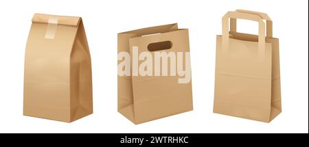 Takeout paper bags realistic vector illustration set. Brand mockup design. Food delivery packaging 3d objects on white background collection Stock Vector
