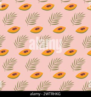 Seamless pattern with papaya and palm leaf. Handdrawn vector design on peach background. Stock Vector