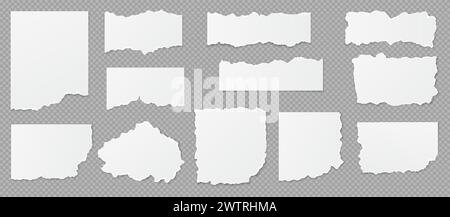 Torn papers realistic vector illustration set. Shreds pieces. Notebook pages with ripped edges 3d objects on transparent background collection Stock Vector