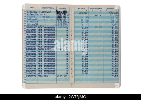 Old Share Account Abbey National Building Society book showing net interest, receipts, withdrawals and balance 1981-1993 isolated on white background Stock Photo