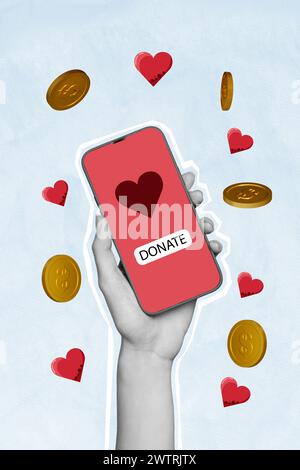 Trend artwork sketch image composite 3D photo collage of black white silhouette hand hold phone share screen heart donation app coins fly Stock Photo