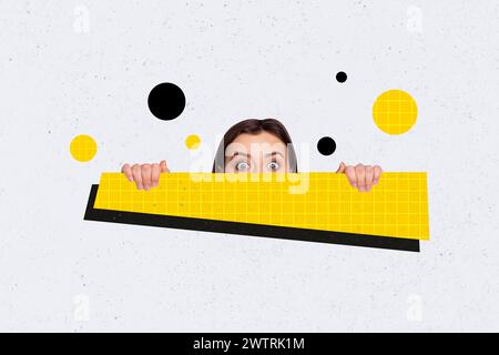 3D photo collage composite trend artwork sketch image of young shocked afraid woman look half face hold in hand huge yellow banner Stock Photo