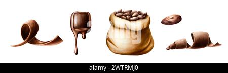 Watercolor set of curl slices of chocolate, cocoa beans in a canvas bag and melted liquid chocolate. Hand drawn coiled sweet delicious realistic illus Stock Photo