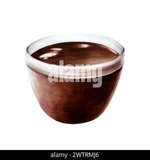Watercolor brown glass bowl of liquid melted chocolate or soy sauce. Hand drawn realistic coffee illustration isolated on white background. For design Stock Photo