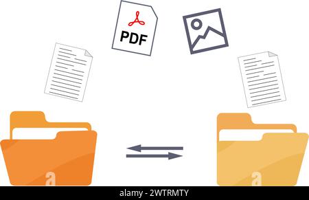 File transfer computer folder to folder. File sharing file exchange File copying and pasting upload and download concept. Transferring Document, Video Stock Vector