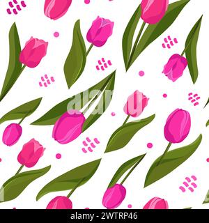 Seamless vector pattern with pink tulips on white background. Flat design with flowers for scrapbooking, kids clothes, dress, fabric and textile Stock Vector