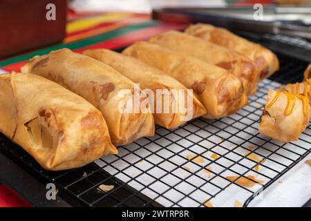 Spring rolls wrap with fried chicken, top with cheese sauce. Stock Photo