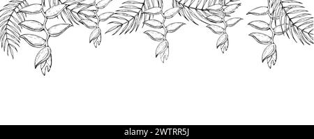 Tropical frame, template, banner of vector palm leaves, heliconia flowers illustrations on isolated background. Beautiful botanical hand painted linea Stock Vector