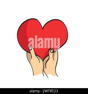 Hands holding or giving red big heart illustration vector hand drawn isolated on white background. Stock Vector