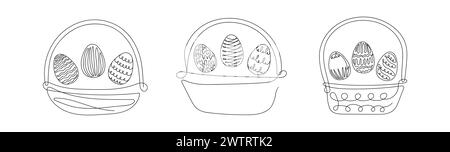 Set of Wicker baskets with Easter eggs. Continuous one line drawing. Black vector isolated on white background. Festive decoration. For Easter promotions, greeting cards, holiday invitations Stock Vector