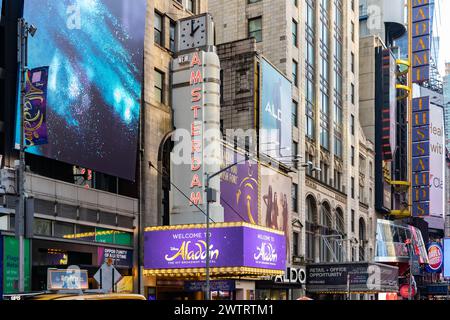 The New Amsterdam Theatre is at the south end of Times Square in the Theatre District on Broadway. Stock Photo