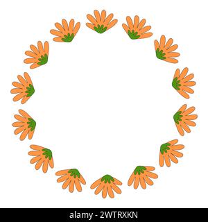 Round flower frame from simple orange flowers, spring design element, vector illustration Stock Vector