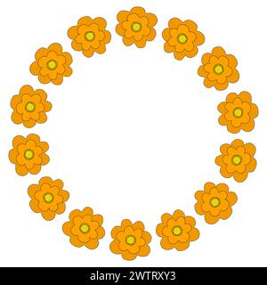 Round flower frame from simple yellow flowers, spring design element, vector illustration Stock Vector