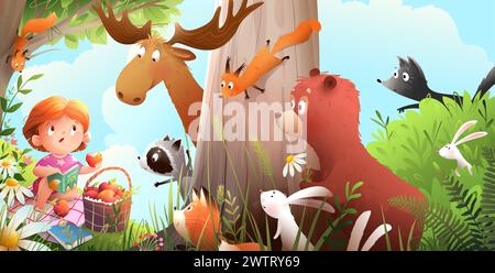 Little Girl Reading Book meets Animals in Forest Stock Vector