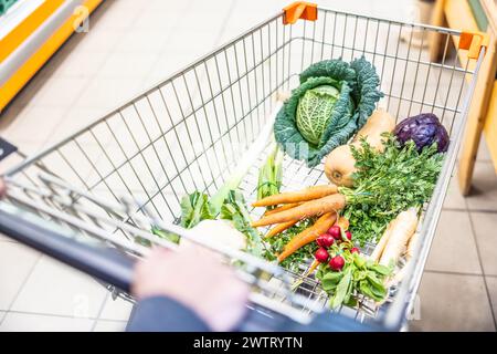 A view of the shopping cart in which fresh vegetables are stacked. Stock Photo