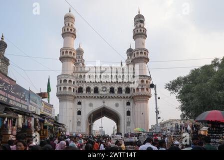 Charminar famous historic monument. Symbol of Hyderabad intricate architecture. Famous tourist place in Telangana Stock Photo