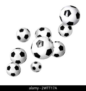 Many soccer balls falling on white background Stock Photo
