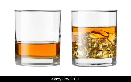 Whiskey in glasses isolated on white. One cool with ice Stock Photo