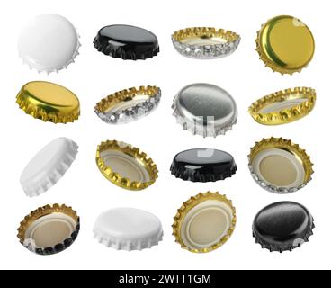 Different beer bottle caps isolated on white, set Stock Photo