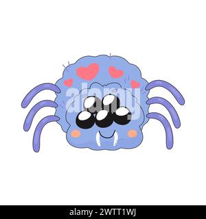 Cute purple spider, cartoon, children character insect. Vector illustration on white Stock Vector
