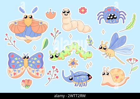 Set stickers cute snail cartoon, isolated on white background. Vector ...
