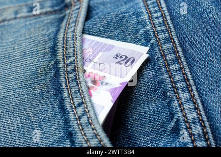Royal Bank of Scotland £20 Scottish banknotes in a back jeans pocket Stock Photo
