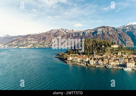 Aerial view of  Bellagio village on Como lake with blue sky and the Alps in the background, Bellagio, Como, Italy Stock Photo